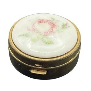 Trinket pill box gold tone pink painted flower ceramic cover vintage